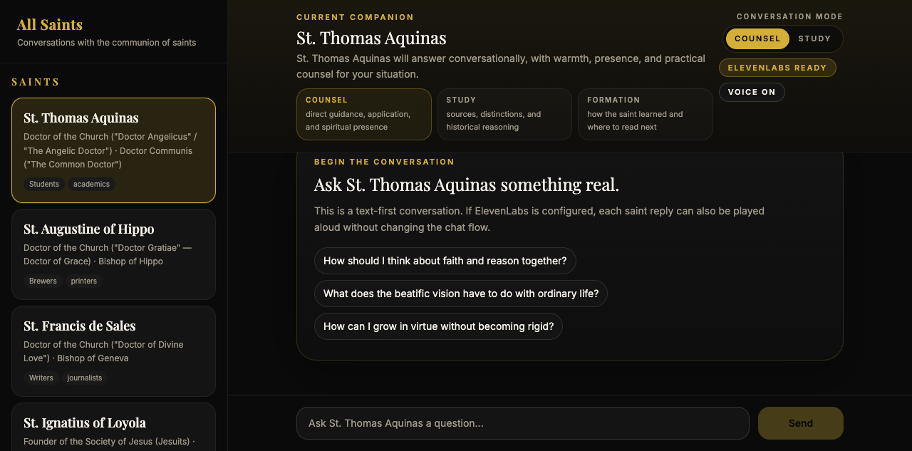 All Saints pairs a saint directory with counsel, study, and formation modes inside a contemplative AI chat interface.